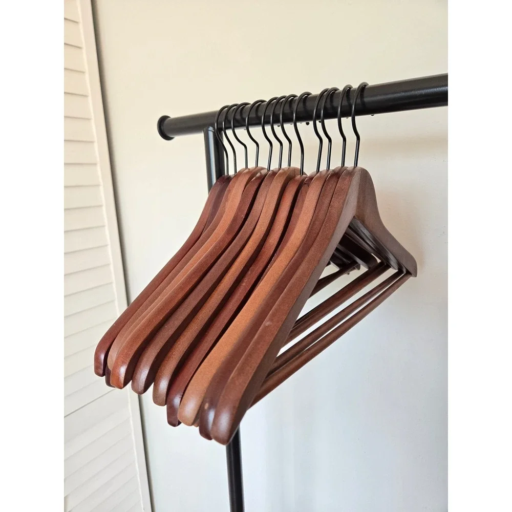 Set of 12 Mahogany Wood Hangers Black Metal Hook Contoured Shoulder Brown